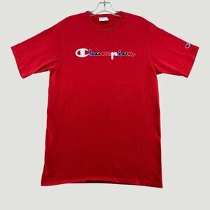 Champion Script Logo Red Short Sleeve T-Shirt Size Large Classic Streetwear